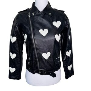 LOLA + THE BOYS Women's Small Black White I Heart You Vegan Leather Moto Jacket
